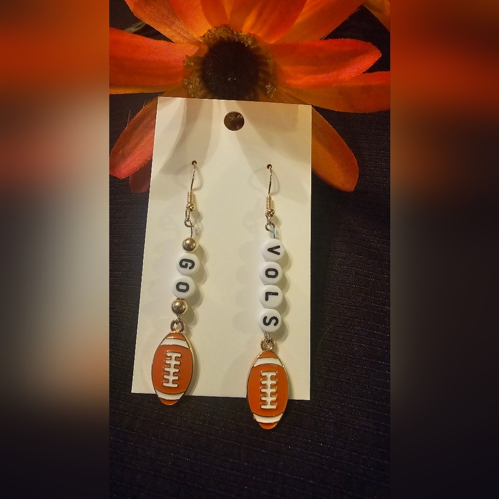 Orange Football Earrings with Letter Beads